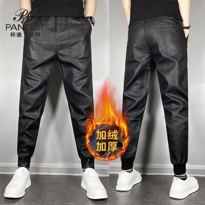 Ležerne jesenske i zimske kožne hlače s elastičnim strukom za muškarce Vjetrootporne korejske vuno motociklističke crne hlače otporne na vjetar