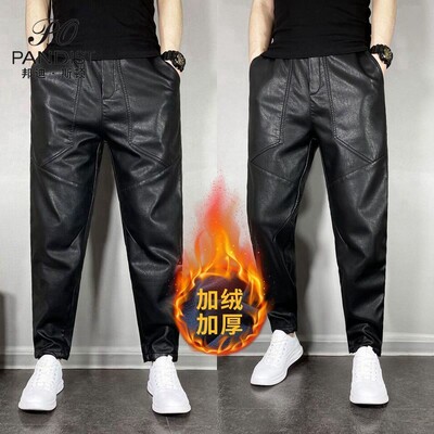 Ležerne jesenske i zimske kožne hlače s elastičnim strukom za muškarce Vjetrootporne korejske vuno motociklističke crne hlače otporne na vjetar