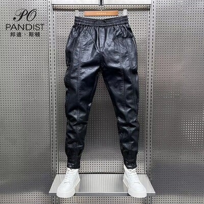 Ležerne jesenske i zimske kožne hlače s elastičnim strukom za muškarce Vjetrootporne korejske vuno motociklističke crne hlače otporne na vjetar