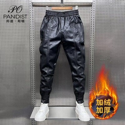 Ležerne jesenske i zimske kožne hlače s elastičnim strukom za muškarce Vjetrootporne korejske vuno motociklističke crne hlače otporne na vjetar