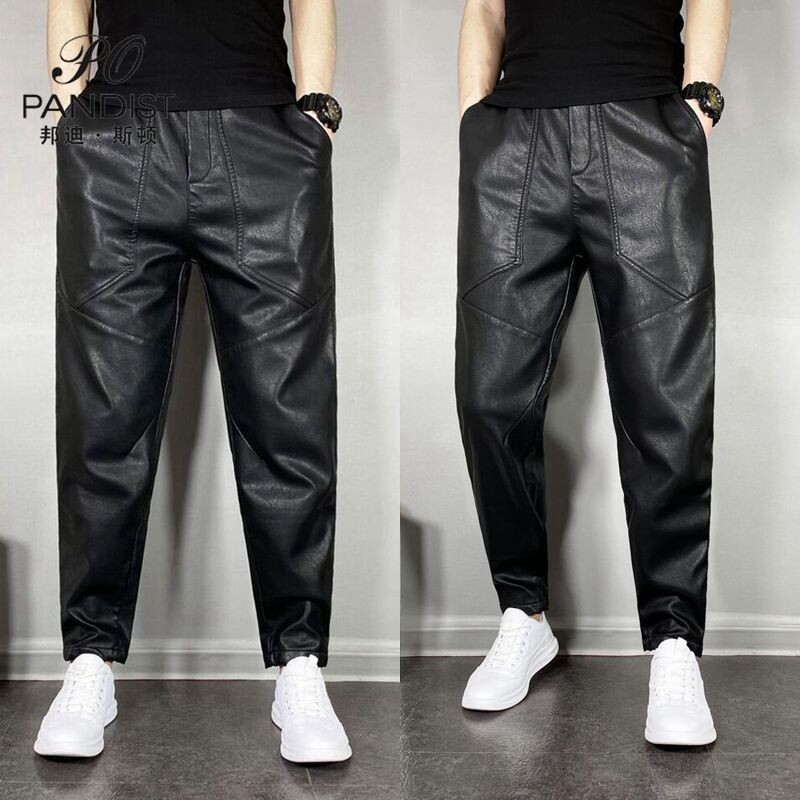 Ležerne jesenske i zimske kožne hlače s elastičnim strukom za muškarce Vjetrootporne korejske vuno motociklističke crne hlače otporne na vjetar