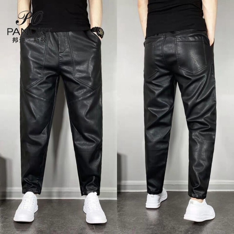 Ležerne jesenske i zimske kožne hlače s elastičnim strukom za muškarce Vjetrootporne korejske vuno motociklističke crne hlače otporne na vjetar