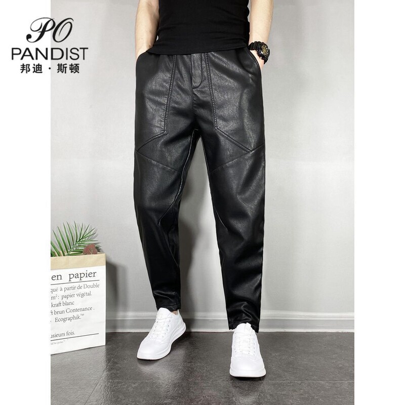 Ležerne jesenske i zimske kožne hlače s elastičnim strukom za muškarce Vjetrootporne korejske vuno motociklističke crne hlače otporne na vjetar