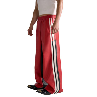 Mauroicardi Άνοιξη Φθινόπωρο Long Loose Casual φαρδύ χρώμα μπλοκ Pu δερμάτινο παντελόνι Ανδρικό παντελόνι ελαστικό φαρδύ πόδι στη μέση Streetwear