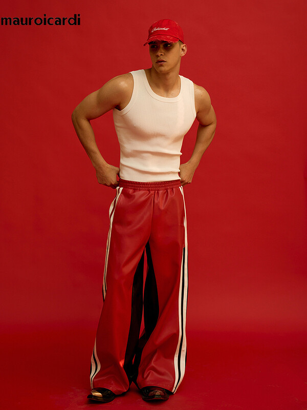 Mauroicardi Άνοιξη Φθινόπωρο Long Loose Casual φαρδύ χρώμα μπλοκ Pu δερμάτινο παντελόνι Ανδρικό παντελόνι ελαστικό φαρδύ πόδι στη μέση Streetwear