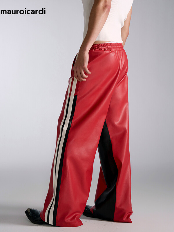 Mauroicardi Άνοιξη Φθινόπωρο Long Loose Casual φαρδύ χρώμα μπλοκ Pu δερμάτινο παντελόνι Ανδρικό παντελόνι ελαστικό φαρδύ πόδι στη μέση Streetwear