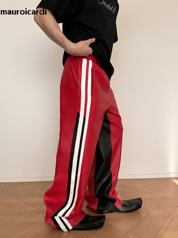 Mauroicardi Άνοιξη Φθινόπωρο Long Loose Casual φαρδύ χρώμα μπλοκ Pu δερμάτινο παντελόνι Ανδρικό παντελόνι ελαστικό φαρδύ πόδι στη μέση Streetwear