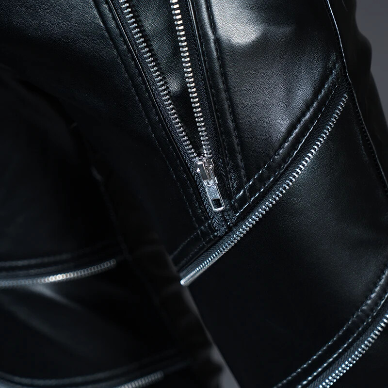 Pantaloni de iarnă pentru bărbați skinny biker din piele Pantaloni de motocicletă din piele artificială la modă pentru îmbrăcăminte de club de scenă pentru bărbați