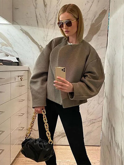 Női alkalmi meleg gyapjú vágott kabát divatos V-nyakú, hosszú ujjú felsőruházat őszi tél női High Street rövid kardigán dzseki