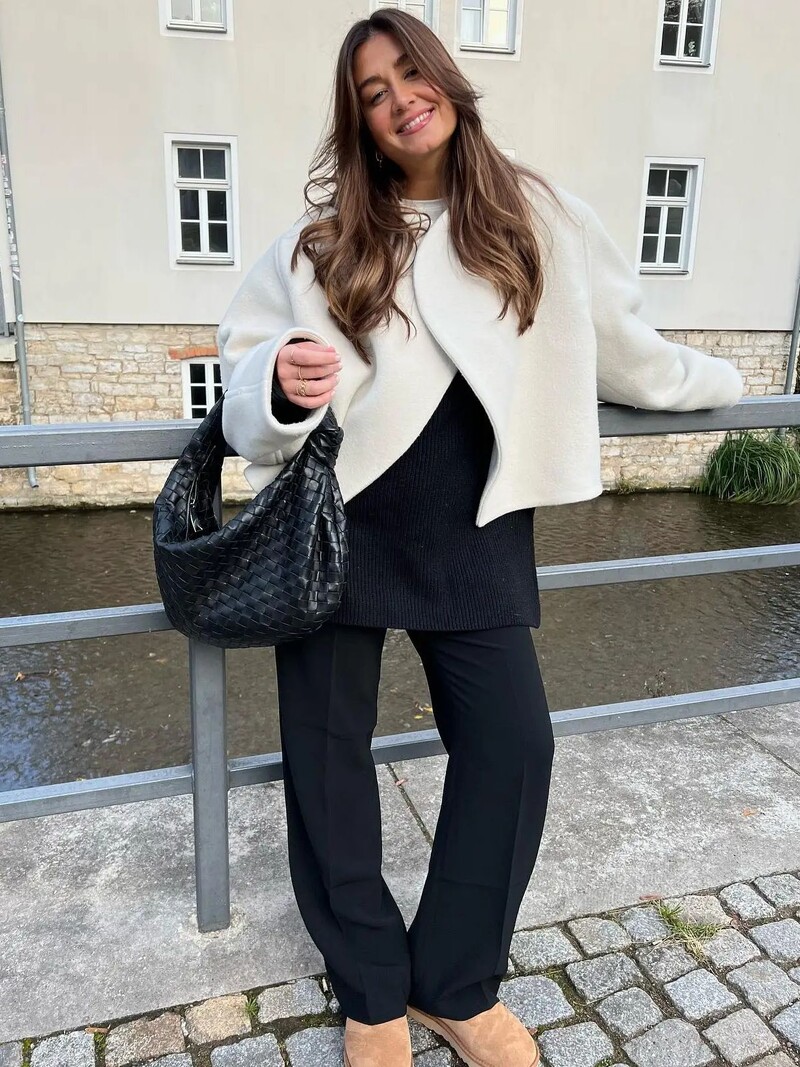 Női alkalmi meleg gyapjú vágott kabát divatos V-nyakú, hosszú ujjú felsőruházat őszi tél női High Street rövid kardigán dzseki