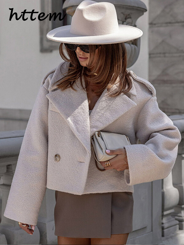 Ležerni ženski kratki kaputi od umjetne vune širokih revera Ženske jakne dugih rukava s jednim kopčanjem Jesen 2024. Ženska jednobojna šik gornja odjeća