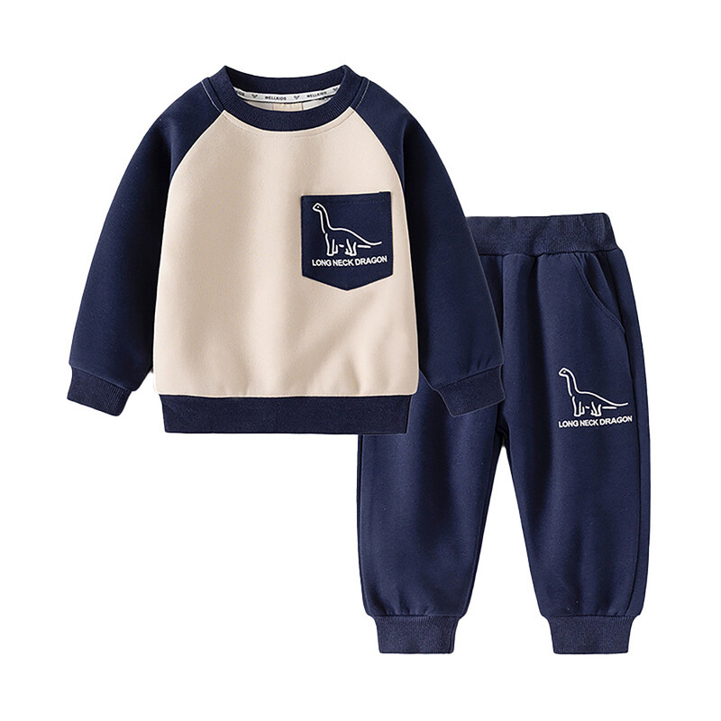 Novi proljetni jesenski dječji komplet odjeće za dječake Pamučne majice s otisnutim crtanim dinosuarima + jogger hlače Trenirke Patchwork Dječja odjeća