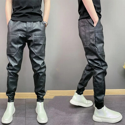 Toamnă iarnă Pantaloni elastici din piele Pu pentru bărbați, în stil coreean, rezistenți la vânt, rezistenți la apă, șase buzunare, culoare uni, talie hip hop