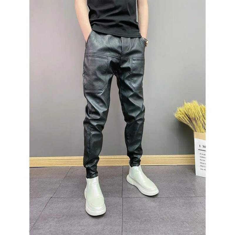 Φθινοπωρινό χειμερινό ανδρικό μοντέρνο ελαστικό δερμάτινο παντελόνι Pu κορεατικό στιλ αντιανεμικό αδιάβροχο έξι τσέπες μονόχρωμο χιπ χοπ μέση