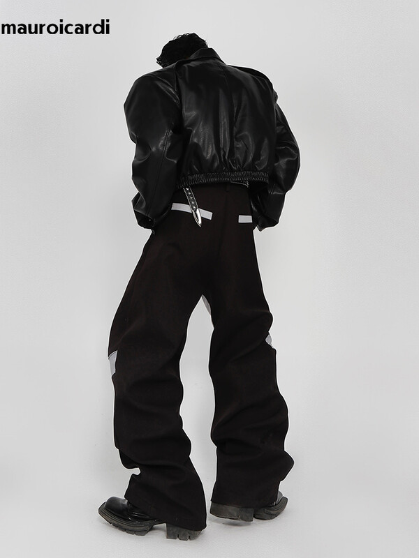 Mauroicardi proljeće jesen cool duge labave ležerne mekane patchwork pu kožne hlače muške luksuzne dizajnerske odjeće hlače 2023