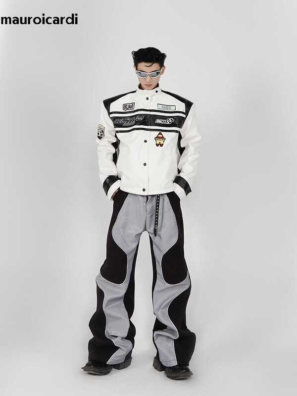 Mauroicardi proljeće jesen cool duge labave ležerne mekane patchwork pu kožne hlače muške luksuzne dizajnerske odjeće hlače 2023