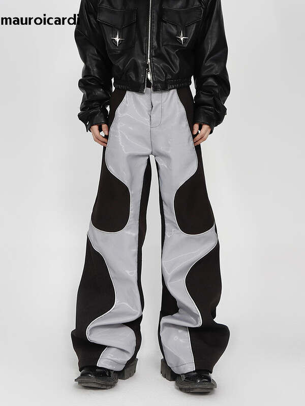 Mauroicardi proljeće jesen cool duge labave ležerne mekane patchwork pu kožne hlače muške luksuzne dizajnerske odjeće hlače 2023