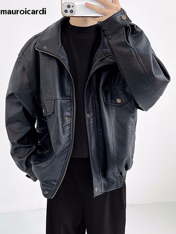 Mauroicardi proljeće jesen prevelika hladna topla zadebljana tvrda crna bomber jakna od pu kožne muške uniseks odjeće 2024.