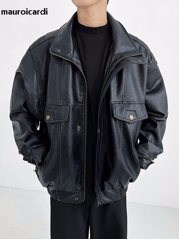 Mauroicardi proljeće jesen prevelika hladna topla zadebljana tvrda crna bomber jakna od pu kožne muške uniseks odjeće 2024.