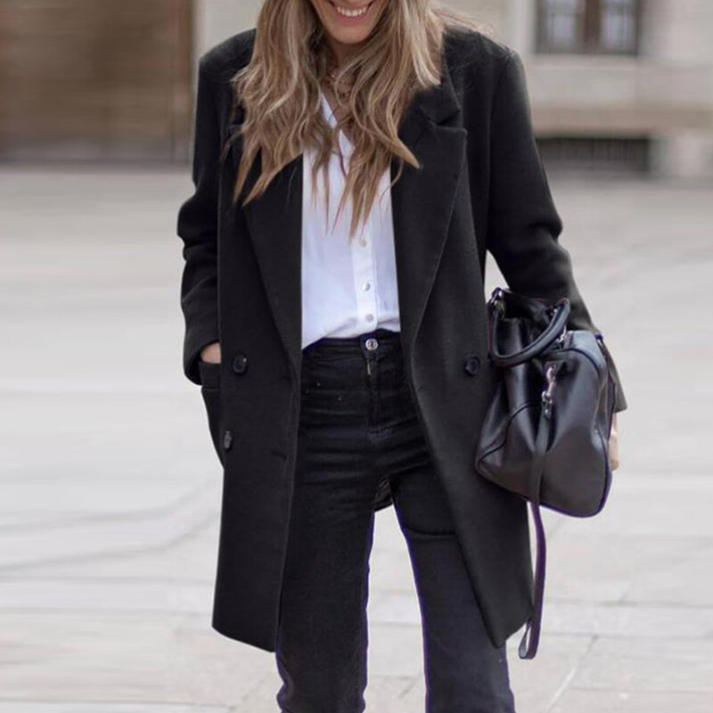 Modni ravni vuneni kaput dugih rukava Ženski jednobojni kaput s otvorenim ovratnikom Nova jesenska ležerna ženska jakna s dvostrukim kopčanjem