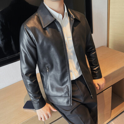 Zīmolu apģērbi Vīriešu modes Ādas jaka Slim Fit Stand Collar PU Jaka Vīriešu Pretvēja Motocikla Rāvējslēdzēja Jakas Vīriešu 4XL-M