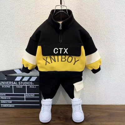 Set de îmbrăcăminte de primăvară și toamnă pentru copii, băieți noi, pantaloni de pulover îngroșat de pluș, set de două piese, îmbrăcăminte sport casual pentru copii, 2 buc.