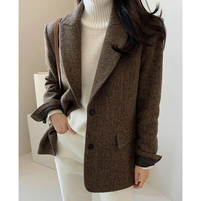 Syiwidii Blazer elegant din lână pentru femei, buzunare cauzale cu rever, paltoane cu un singur piept, moda toamnă și iarnă, îmbrăcăminte pentru femeie