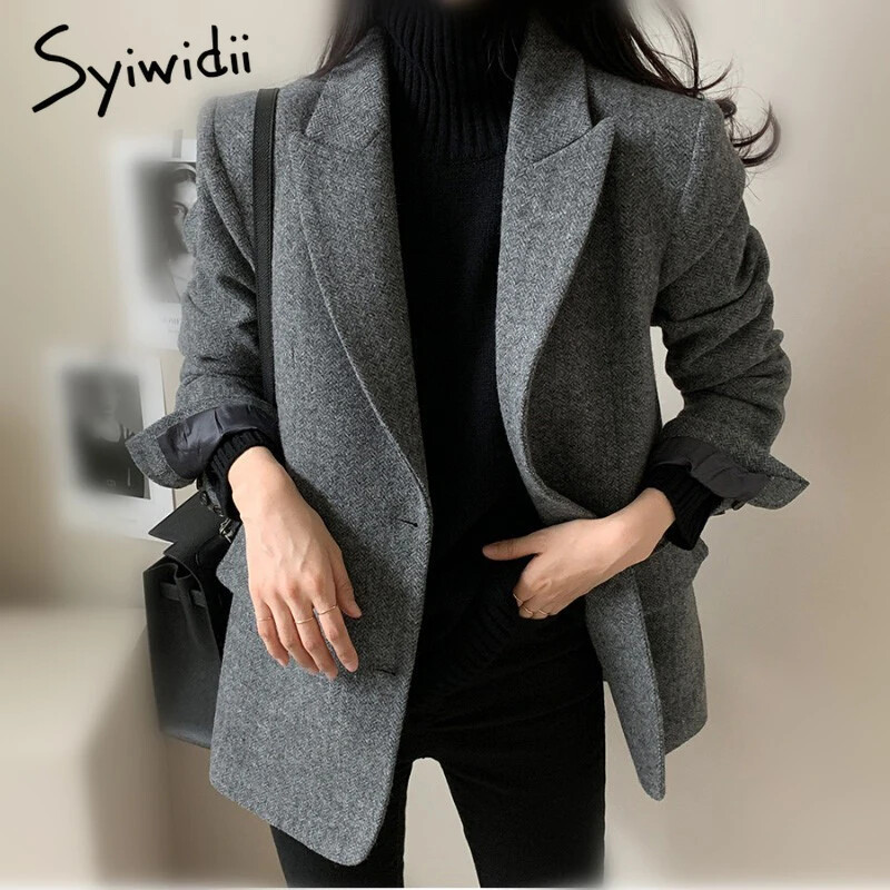 Syiwidii Blazer elegant din lână pentru femei, buzunare cauzale cu rever, paltoane cu un singur piept, moda toamnă și iarnă, îmbrăcăminte pentru femeie