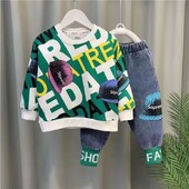 Mazuļu zēnu meiteņu apģērbu komplekti bērnu džemperi + džinsa bikses 2 gab Bērnu apģērbi zēnu jauns uzvalks 2024 2 3 4 5 6 7 8 gads