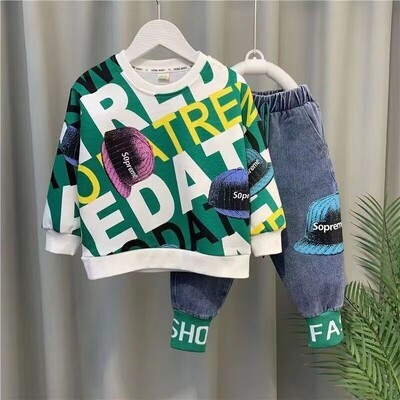 Mazuļu zēnu meiteņu apģērbu komplekti bērnu džemperi + džinsa bikses 2 gab Bērnu apģērbi zēnu jauns uzvalks 2024 2 3 4 5 6 7 8 gads