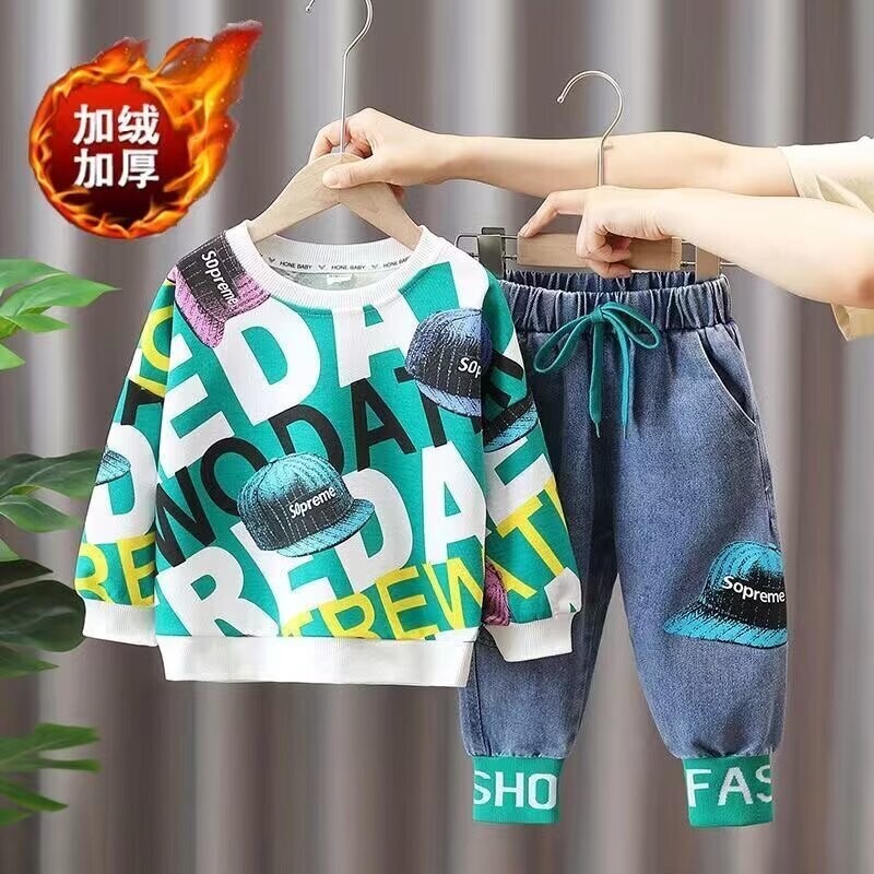 Mazuļu zēnu meiteņu apģērbu komplekti bērnu džemperi + džinsa bikses 2 gab Bērnu apģērbi zēnu jauns uzvalks 2024 2 3 4 5 6 7 8 gads