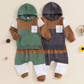 RUEWEY Seturi de pantaloni pentru bebeluș băiețel Haine de primăvară, toamnă, culori contrastante, hanorac cu glugă cu mânecă lungă și pantaloni de trening elastic