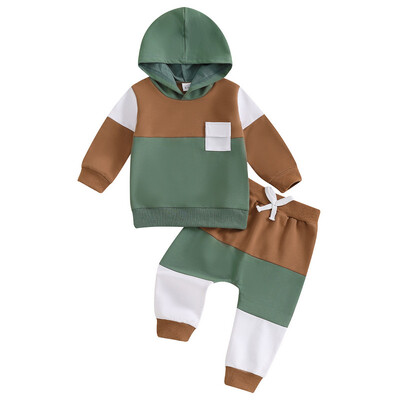 RUEWEY Seturi de pantaloni pentru bebeluș băiețel Haine de primăvară, toamnă, culori contrastante, hanorac cu glugă cu mânecă lungă și pantaloni de trening elastic