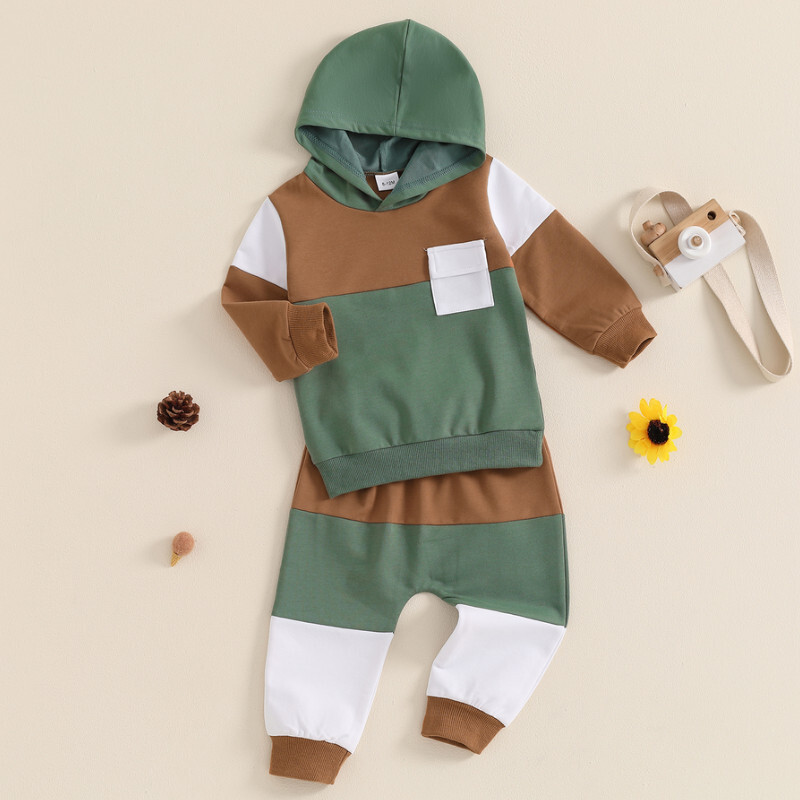 RUEWEY Seturi de pantaloni pentru bebeluș băiețel Haine de primăvară, toamnă, culori contrastante, hanorac cu glugă cu mânecă lungă și pantaloni de trening elastic