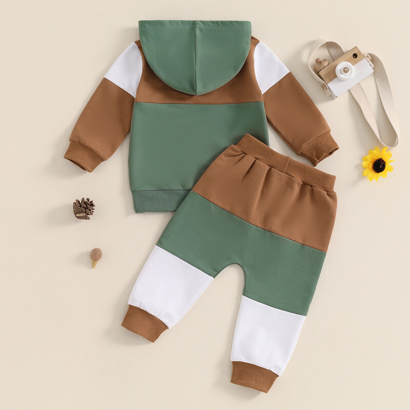 RUEWEY Seturi de pantaloni pentru bebeluș băiețel Haine de primăvară, toamnă, culori contrastante, hanorac cu glugă cu mânecă lungă și pantaloni de trening elastic