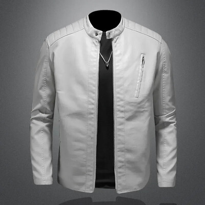 Ανοιξιάτικο φθινόπωρο Ανδρικά δερμάτινα μπουφάν μοτοσικλέτας γιακά Μασίφ Λευκά μπουφάν Trend Αδιάβροχα Streetwear Faux Leather Outwear