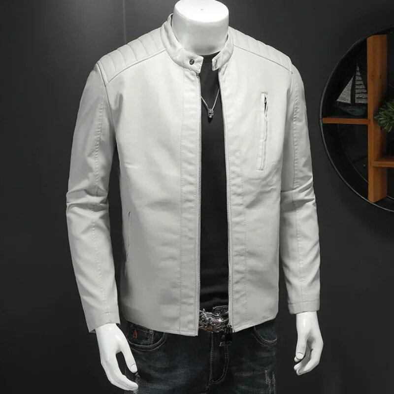 Ανοιξιάτικο φθινόπωρο Ανδρικά δερμάτινα μπουφάν μοτοσικλέτας γιακά Μασίφ Λευκά μπουφάν Trend Αδιάβροχα Streetwear Faux Leather Outwear