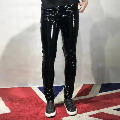 Ανδρικό παντελόνι από ψεύτικο λατέξ Wet Look Shiny λουστρίνι Stretch Bodycon Παντελόνι Χαμηλή μέση PU μοτοσικλέτα παντελόνι με τσέπη Cutsom