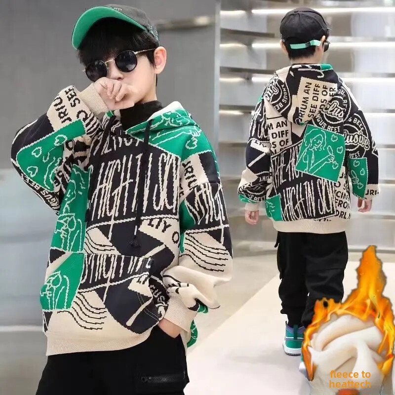 Dječaci Jesen/zima 2024. Nova zadebljana majica s kapuljačom Elegantna trendi srednje do velika dječja zimska jakna s podstavom od flisa