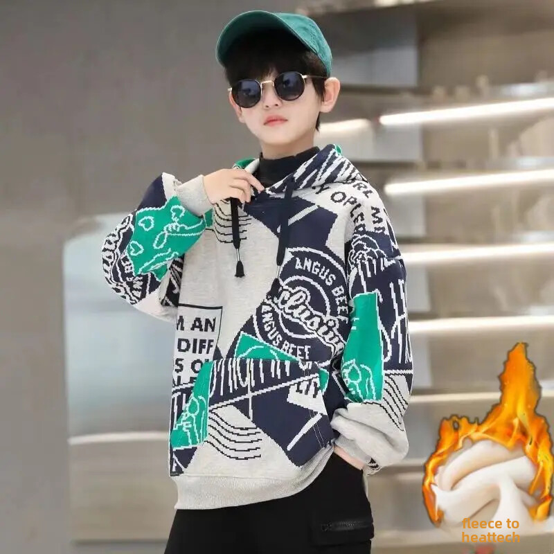 Dječaci Jesen/zima 2024. Nova zadebljana majica s kapuljačom Elegantna trendi srednje do velika dječja zimska jakna s podstavom od flisa