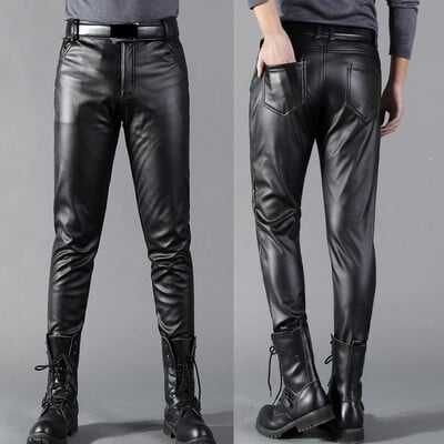 Pantaloni din piele pentru bărbați, cu croiala skinny, pantaloni elastici din piele PU, cu aspect umed, pantaloni elastici din piele artificială pentru motociclete, îmbrăcăminte de stradă subțiri