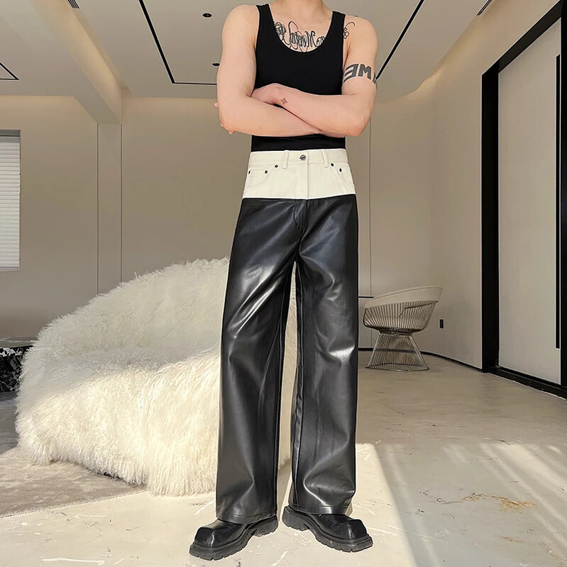 LUZHEN 2024. Trendovske kožne hlače s kontrastom u boji, muške niche dizajna, ležerne, ravne, modne, elegantne široke hlače 41b7da