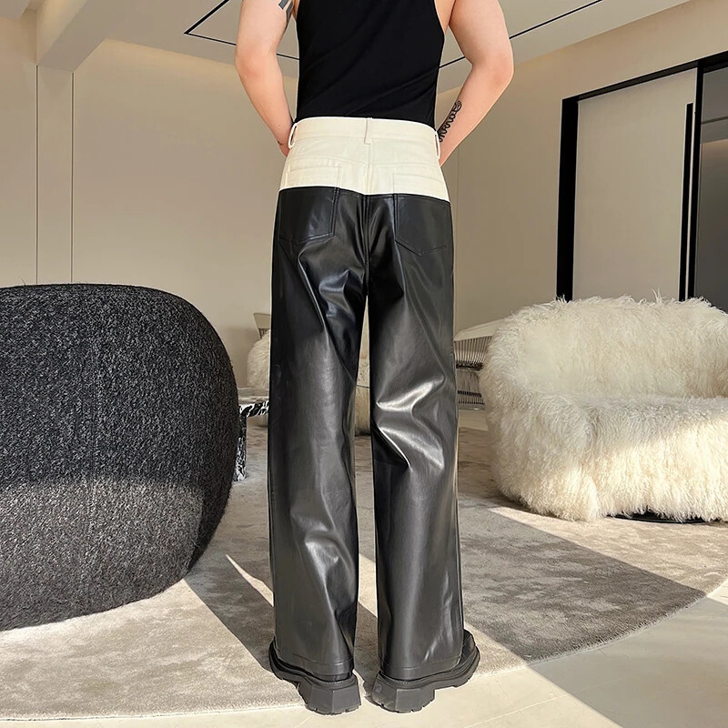LUZHEN 2024. Trendovske kožne hlače s kontrastom u boji, muške niche dizajna, ležerne, ravne, modne, elegantne široke hlače 41b7da