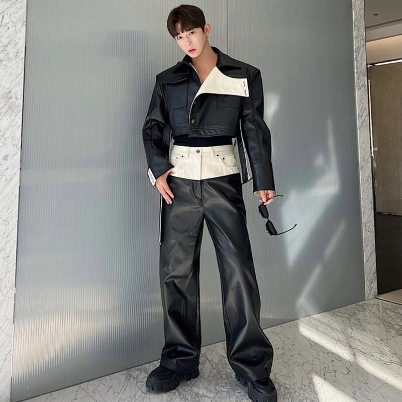 LUZHEN 2024. Trendovske kožne hlače s kontrastom u boji, muške niche dizajna, ležerne, ravne, modne, elegantne široke hlače 41b7da