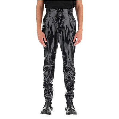 Pantaloni punk din latex artificial pentru bărbați Pantaloni Harlan plisați din piele lacuită strălucitoare Pantaloni elastici din PU cu talie înaltă pentru bărbați, îmbrăcăminte de stradă personalizată