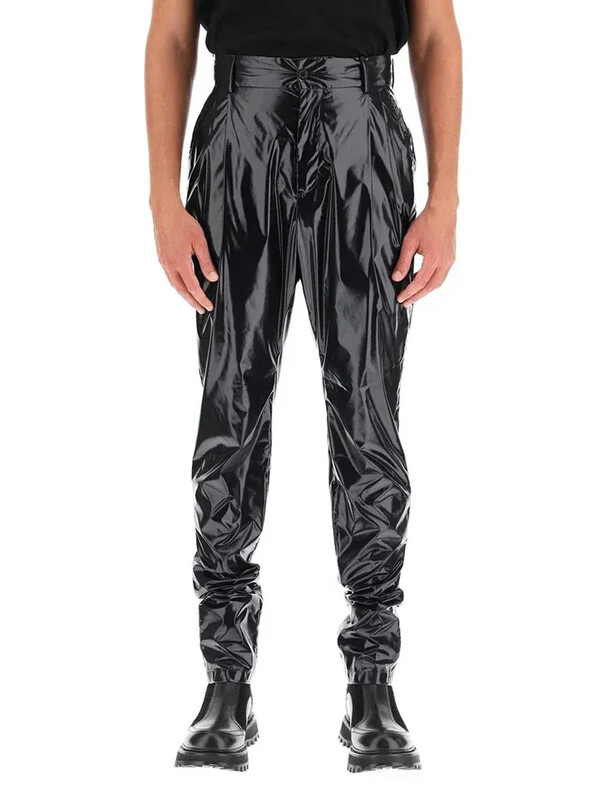 Pantaloni punk din latex artificial pentru bărbați Pantaloni Harlan plisați din piele lacuită strălucitoare Pantaloni elastici din PU cu talie înaltă pentru bărbați, îmbrăcăminte de stradă personalizată
