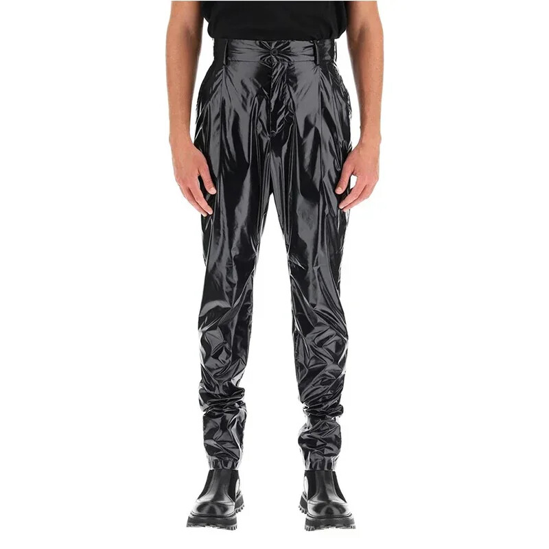 Pantaloni punk din latex artificial pentru bărbați Pantaloni Harlan plisați din piele lacuită strălucitoare Pantaloni elastici din PU cu talie înaltă pentru bărbați, îmbrăcăminte de stradă personalizată