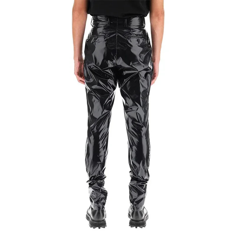 Pantaloni punk din latex artificial pentru bărbați Pantaloni Harlan plisați din piele lacuită strălucitoare Pantaloni elastici din PU cu talie înaltă pentru bărbați, îmbrăcăminte de stradă personalizată