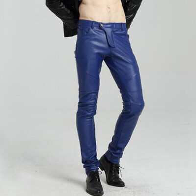 #2221 Mootorratta kitsad kunstnahast püksid meestele Sinine valge must valge Biker PU nahast püksid Joggers kitsad nahast püksid