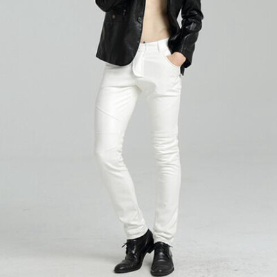 #2221 Mootorratta kitsad kunstnahast püksid meestele Sinine valge must valge Biker PU nahast püksid Joggers kitsad nahast püksid